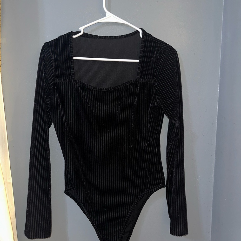 Black Velvet Striped Long Sleeve Bodysuit